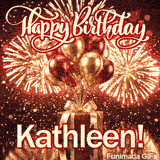 An animated birthday card with a luxury red present and shiny metallic balloons, custom-made for Kathleen.