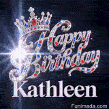 Silver metallic lettering spelling Kathleen under a diamond cursive Happy Birthday sign on a dark background with light bursts.