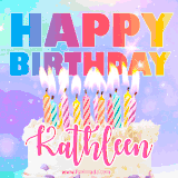 A vibrant animated name GIF with the words 'Happy Birthday Kathleen' with colorful candles on a creamy cake. The background sparkles with pastel shades, adding a festive touch.