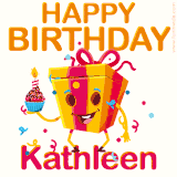 A vibrant and funny gift box character with a happy face dancing with a cupcake and the text 'Happy Birthday Kathleen,' surrounded by animated confetti and party vibes.