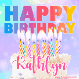 A vibrant animated name GIF with the words 'Happy Birthday Kathlyn' with colorful candles on a creamy cake. The background sparkles with pastel shades, adding a festive touch.
