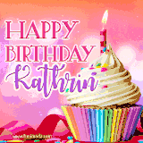 A vibrant birthday GIF featuring a rainbow-colored cupcake topped with white frosting, sprinkles, and a lit candle. The text reads 'Happy Birthday Kathrin' in bold pink and violet letters with white outline.