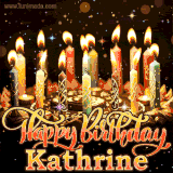 A glowing personalized birthday GIF with name Kathrine featuring lit candles with intricate designs, warm lighting, and the text 'Happy Birthday' in an elegant font.