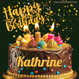 A delightful chocolate birthday cake with bright candles and 'Happy Birthday Kathrine' written in gold amidst a shower of animated stars.