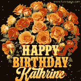 Animated bouquet of orange roses with moving butterfles and golden 'Happy Birthday Kathrine' text, surrounded by sparkling accents and a dark backdrop for a luxurious feel.