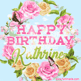 A charming animated GIF featuring 'Happy Birthday Kathrine' in pink and green text, surrounded by delicate roses, leaves, and fluttering butterflies on a soft light blue pastel background.