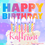 A vibrant animated name GIF with the words 'Happy Birthday Kathrine' with colorful candles on a creamy cake. The background sparkles with pastel shades, adding a festive touch.