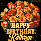 Animated bouquet of orange roses with moving butterfles and golden 'Happy Birthday Kathryn' text, surrounded by sparkling accents and a dark backdrop for a luxurious feel.