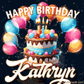 Hand-drawn happy birthday cake adorned with an arch of colorful balloons - name GIF for Kathryn