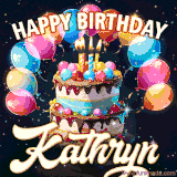Bright birthday animation for Kathryn with a chocolate cake, candles, balloons, and glowing celebratory lights.