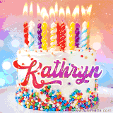 A cheerful white birthday cake with multicolor sprinkles, lit candles, and 'Kathryn' written in vibrant letters, in an animated GIF.