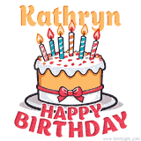 Cartoon birthday cake with a red bow, glowing candles, and 'Kathryn Happy Birthday' text in bold animated style.