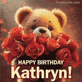 Cinematic style cute animated teddy bear with charming features holding a large bouquet of red roses, the words say 'Happy Birthday Kathryn' in sans serif font.