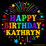 Personalized greeting card with name, colorful text that says 'Happy Birthday Kathryn' surrounded by animated fireworks and multicolor stars