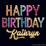 Vibrant luxury birthday greeting card for Kathryn, showing glittering gemstone letters and golden calligraphy on a dark background with twinkling shine effects.