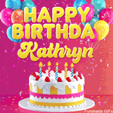 Pink-themed animated greeting with balloons, confetti, and a frosted cake under the message 'Happy Birthday Kathryn' in bold rounded yellow font.