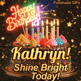 Glowing pink neon Happy Birthday sign and bright burning candles on a chocolate frosted cake with the name Kathryn!