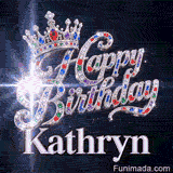 A customized birthday GIF for Kathryn displaying a majestic silver crown and glowing star particles.