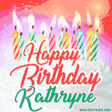 Bright birthday candles with rainbow flames on a cake, alongside the text 'Happy Birthday Kathryne' in vibrant script in this celebratory animated GIF.