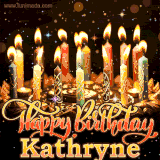 A glowing personalized birthday GIF with name Kathryne featuring lit candles with intricate designs, warm lighting, and the text 'Happy Birthday' in an elegant font.