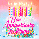 A white birthday cake covered in colorful sprinkles, topped with bright candles, and French text 'Bon Anniversaire Kathryne' on a pastel gradient background in an animated GIF.