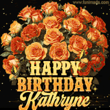 Animated bouquet of orange roses with moving butterfles and golden 'Happy Birthday Kathryne' text, surrounded by sparkling accents and a dark backdrop for a luxurious feel.