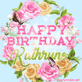 A charming animated GIF featuring 'Happy Birthday Kathryne' in pink and green text, surrounded by delicate roses, leaves, and fluttering butterflies on a soft light blue pastel background.
