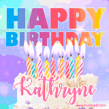 A vibrant animated name GIF with the words 'Happy Birthday Kathryne' with colorful candles on a creamy cake. The background sparkles with pastel shades, adding a festive touch.
