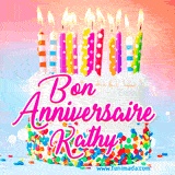 A white birthday cake covered in colorful sprinkles, topped with bright candles, and French text 'Bon Anniversaire Kathy' on a pastel gradient background in an animated GIF.