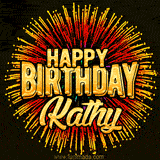 Golden 'Happy Birthday Kathy' text accompanied by animated rainbow fireworks for a festive animated greeting.