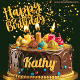 A delightful chocolate birthday cake with bright candles and 'Happy Birthday Kathy' written in gold amidst a shower of animated stars.
