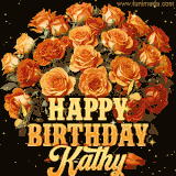 Animated bouquet of orange roses with moving butterfles and golden 'Happy Birthday Kathy' text, surrounded by sparkling accents and a dark backdrop for a luxurious feel.