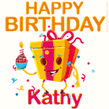 A vibrant and funny gift box character with a happy face dancing with a cupcake and the text 'Happy Birthday Kathy,' surrounded by animated confetti and party vibes.