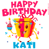 A vibrant and funny gift box character with a happy face dancing with a cupcake and the text 'Happy Birthday Kati,' surrounded by animated confetti and party vibes.