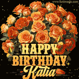Animated bouquet of orange roses with moving butterfles and golden 'Happy Birthday Katia' text, surrounded by sparkling accents and a dark backdrop for a luxurious feel.