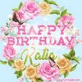 A charming animated GIF featuring 'Happy Birthday Katia' in pink and green text, surrounded by delicate roses, leaves, and fluttering butterflies on a soft light blue pastel background.