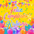 A bright and festive GIF with the text 'Feliz Cumpleaños Katiana' in Spanish in colorful fonts, surrounded by confetti, balloons, and festive banners on a vibrant yellow background.
