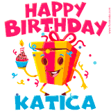 A vibrant and funny gift box character with a happy face dancing with a cupcake and the text 'Happy Birthday Katica,' surrounded by animated confetti and party vibes.
