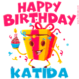 A vibrant and funny gift box character with a happy face dancing with a cupcake and the text 'Happy Birthday Katida,' surrounded by animated confetti and party vibes.