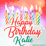 Bright birthday candles with rainbow flames on a cake, alongside the text 'Happy Birthday Katie' in vibrant script in this celebratory animated GIF.