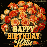 Animated bouquet of orange roses with moving butterfles and golden 'Happy Birthday Katie' text, surrounded by sparkling accents and a dark backdrop for a luxurious feel.