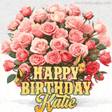 Golden 'Happy Birthday Katie' text beneath a vibrant bouquet of orange roses, complete with glittering butterflies and sparkling details.