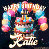 Bright birthday animation for Katie with a chocolate cake, candles, balloons, and glowing celebratory lights.