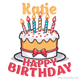 Cartoon birthday cake with a red bow, glowing candles, and 'Katie Happy Birthday' text in bold animated style.