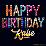 Vibrant luxury birthday greeting card for Katie, showing glittering gemstone letters and golden calligraphy on a dark background with twinkling shine effects.
