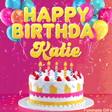 Pink-themed animated greeting with balloons, confetti, and a frosted cake under the message 'Happy Birthday Katie' in bold rounded yellow font.