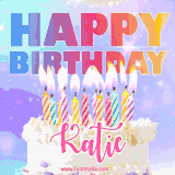 A vibrant animated name GIF with the words 'Happy Birthday Katie' with colorful candles on a creamy cake. The background sparkles with pastel shades, adding a festive touch.