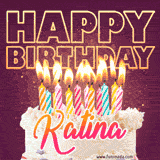 A colorful birthday cake topped with lit candles, with the words 'Happy Birthday Katina' in bold glowing letters on a burgundy background. Animated flames add a festive touch.