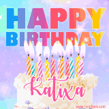 A vibrant animated name GIF with the words 'Happy Birthday Katixa' with colorful candles on a creamy cake. The background sparkles with pastel shades, adding a festive touch.