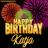 A golden 'Happy Birthday Katja' message with vibrant fireworks in the background, creating a festive and celebratory vibe in this animated name GIF.